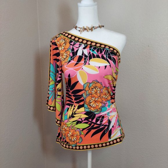 Cache Tops - 💜Final Price Drop💜CACHE ONE SHOULDER FLORAL TOP 3/4 SLEEVE WITH SPLIT SZ S EUC